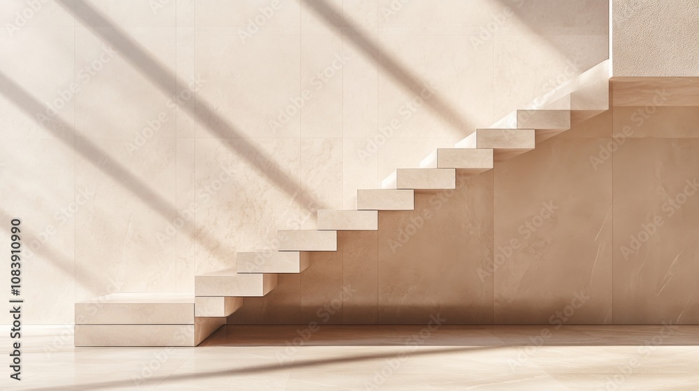 Aufkleber modern minimalist interior with floating staircase and soft natural light highlighting textured wall