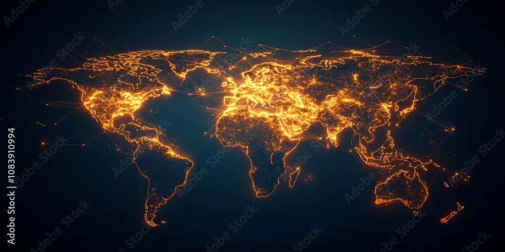 Wall mural global city map with luminous data paths connecting regions,space for text