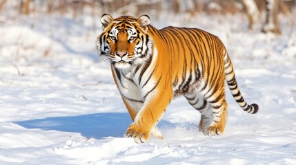 Obraz premium Siberian Tiger Elegantly Runs Across the Snow in a Stunning Winter Landscape