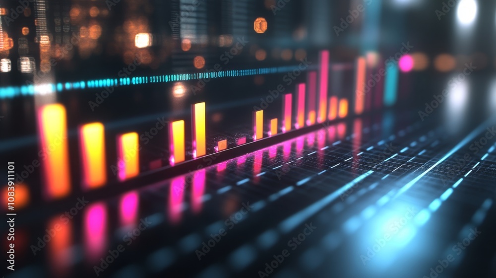 Poster vibrant digital data visualization with colorful bar graphs and a futuristic background for business