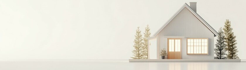 The mortgage value. A minimalist white house design with warm glowing windows, complemented by trees, symbolizing simplicity and modern living.