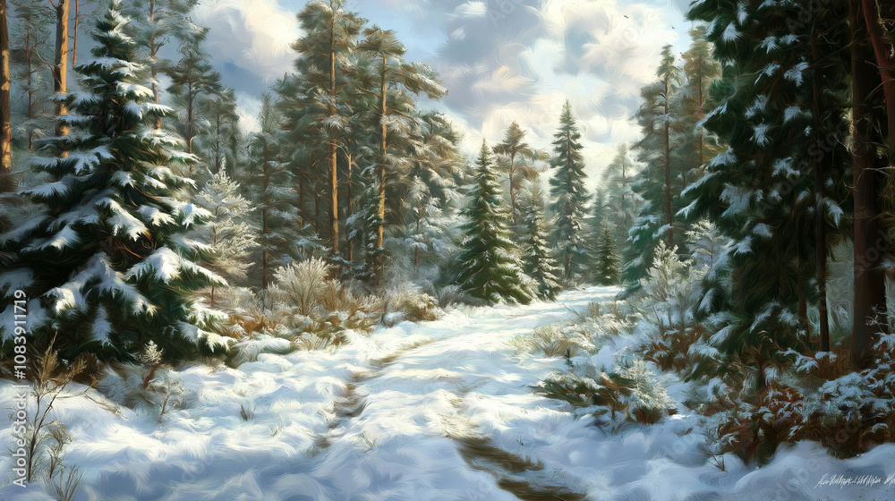 Poster pine forest with a dusting of snow under a cloudy sky
