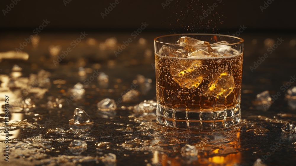 Poster Close-Up of a Refreshing Glass of Sparkling Beverage with Ice Cubes on a Dark Surface, Perfect for Beverage and Cocktail Illustrations