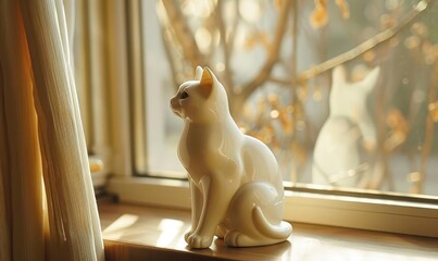 A simple, white porcelain cat figurine on a window sill catching the morning light