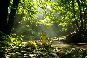 Cute frog doing yoga. Teaching yoga and eastern school. Meditation in nature