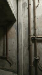 Gritty, weathered concrete walls and rusted metal pipes in a dimly lit industrial setting, eerie