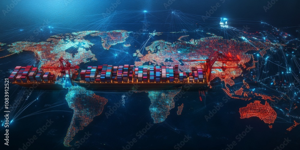 Wall mural high tech representation of trade flow on a digital world map,space for text