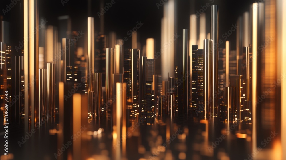 Fototapete abstract futuristic cityscape with shining tall structures in gold and silver hues, creating a magic