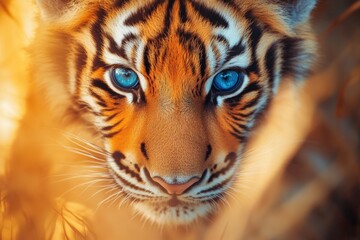 close-up of a tiger with striking blue eyes surrounded by warm tones