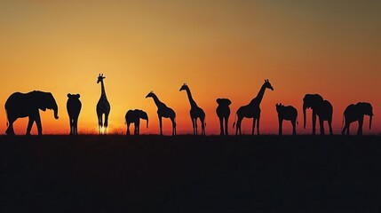 Fototapeta premium A series of animal silhouettes, such as elephants and giraffes, against a backdrop of the savannah at dusk. 