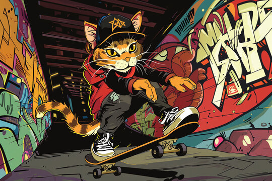 A cool cat skateboarding in an urban setting, with graffiti and bright colors.