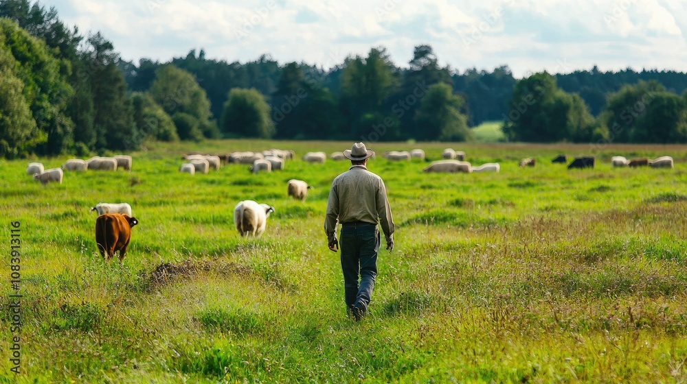 Poster A farmer walking through a field with a herd of cows and sheep in the background. 