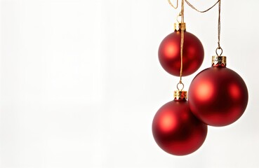 Three red Christmas balls hang from gold ropes against white background. Festive decor for holiday season. Classic Christmas ornaments. Simple design. Holiday decoration. Bright red balls. Perfect