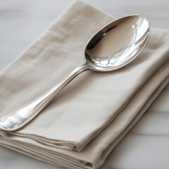 A polished silver spoon resting on a folded linen napkin