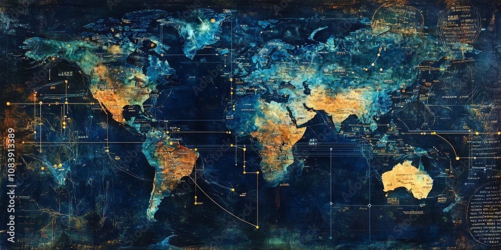 Wall mural cyber themed map showing data flowing across oceans and borders,space for text