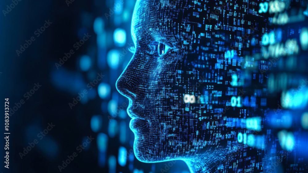 Poster digital representation of a human head with a binary code overlay in a futuristic setting