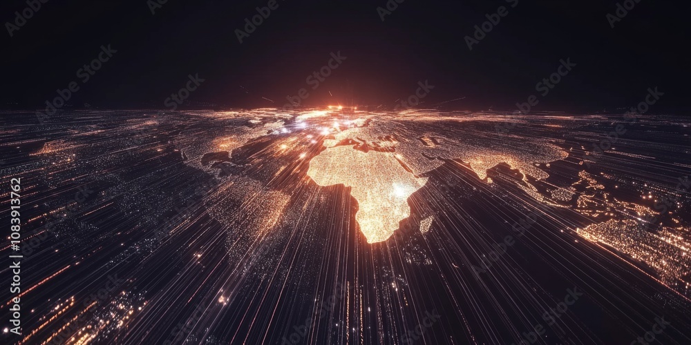 Wall mural conceptual digital world map with light trails symbolizing data transfer,space for text