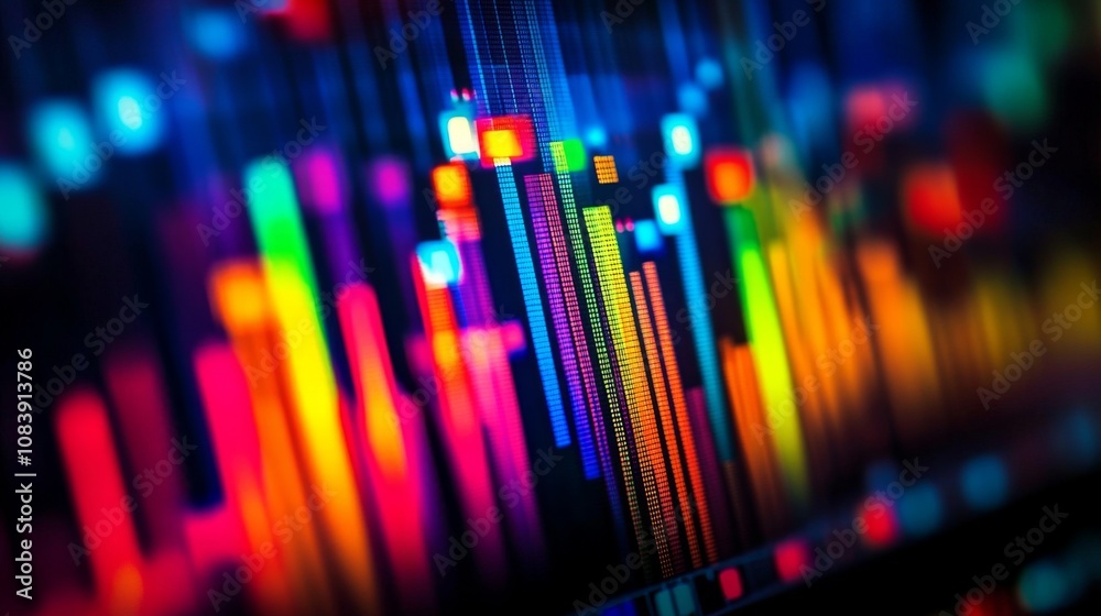 Poster Colorful Abstract Visualization with Audio Waveform Display in a Digital Environment Representing Music and Sound Waves for Background or Technology Use