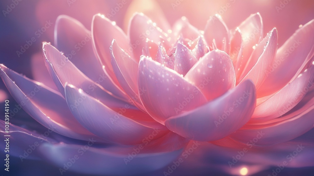Poster beautiful pink lotus flower in soft focus with dew drops reflecting light, evoking serenity and calm