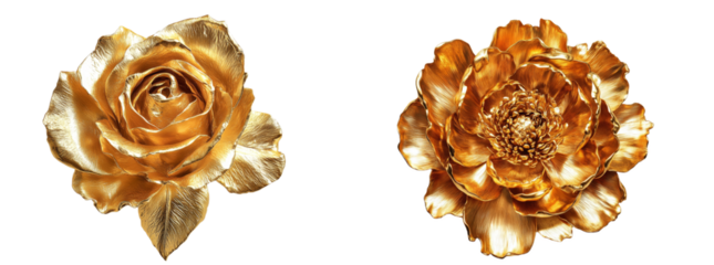 The metallic sheen on both flowers creates a luxurious and elegant appearance