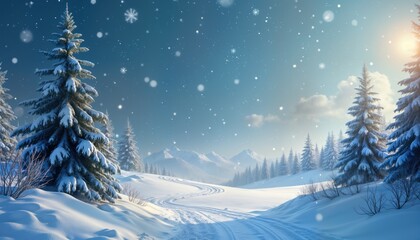 Obraz premium Snowy winter landscape. Snow-covered trees, mountains under light sky with snowflakes. Peaceful, beautiful scene. Ideal for Christmas winter backgrounds. Empty space allows for adding text images.
