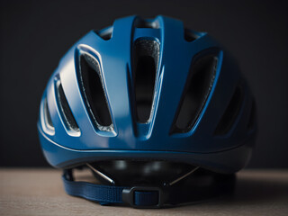 Fototapeta premium Dark blue cycling helmet with air vents and chin strap. The details of the helmet give it a realistic and strong look.