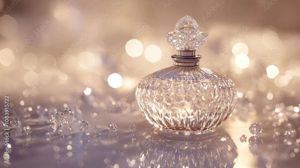 Poster elegant crystal perfume bottle with intricate design, surrounded by shimmering bokeh lights, creatin