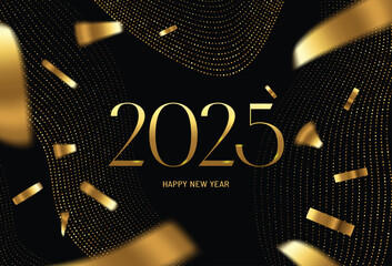 Golden luxury 2025 Happy New Year elegant design on black background Elegant modern minimalistic typography with numbers. Concept design. Business Christmas background with stars, confetti.