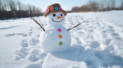 Obraz premium Charming Snowman with Colorful Buttons and Straw Hat Smiling in a Winter Landscape on a Bright Sunny Day Surrounded by Fresh White Snow and Leafless Trees