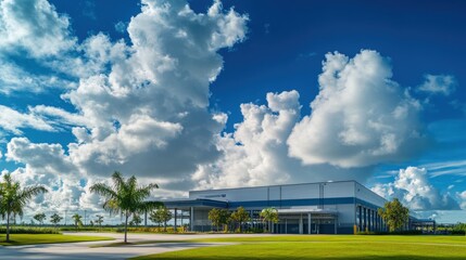 Obraz premium modern industrial building under a bright blue sky with fluffy clouds