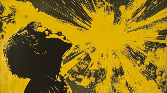Child's silhouette gazing at radiant sunburst in bold yellow art