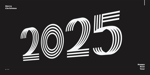 Happy New Year 2025 logo text design. Vector modern minimalistic text with white striped numbers. Isolated on black background. Concept design.