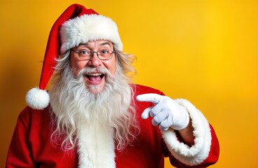 Santa Claus points to Christmas sales. Merry man in red suit, white hat indicates special discounts...