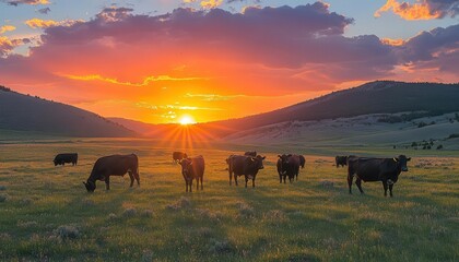 Naklejka premium Cattle grazing in an open field at sunset, Pasture Farming, Serene and peaceful