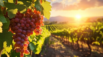 Grapes growing in picturesque vineyard background.