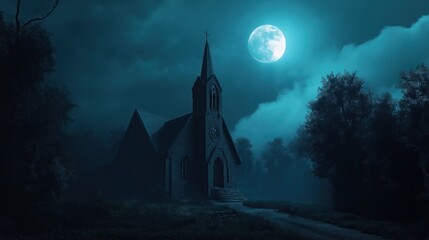 Full moon shining on old church.