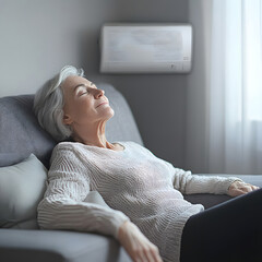 A serene elderly woman relaxes on a couch, enjoying a peaceful moment in a cozy living room, with soft lighting and modern decor.