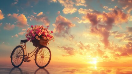 Fototapeta premium A Bicycle Adorned with Pink Flowers at Sunset