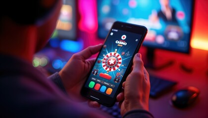 Person plays online casino game on smartphone. Person plays gambling app. Person holds phone in hands. Person using smartphone. Person looking at phone. Bright lights. Night time. Person at home.