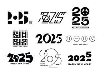 2025 Happy New Year logo text design. Set of 2025 number design template. Christmas symbols 2025 Happy New Year. Vector illustration with black labels logo for notebooks, calendars.