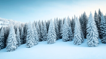Fototapeta premium Snow-covered evergreen trees in a winter landscape with a clear blue sky in the background viewed in scenic wilderness.