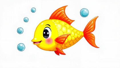 Playful Goldfish Swimming Amidst Whimsical Blue Bubbles Against White Background