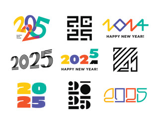 Happy new year 2025 set logo. Brochure or calendar cover vector design template. Set of 2025 number design template. Christmas symbols 2025 Happy New Year.