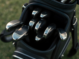 A black golf bag with golf clubs arranged inside. The bag has lines and details, looking luxurious and realistic.
