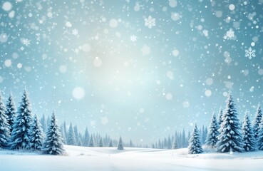 Fototapeta premium Winter wonderland scene. Snow covered evergreen trees line snowy landscape. Soft light suggests gentle morning. Beautiful peaceful nature photo. Perfect for Christmas, New Year greeting cards. Ideal