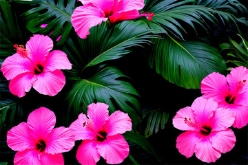 Obraz premium tropical. Palm leaves, tropical pink hibiscus flowers., Generative AI