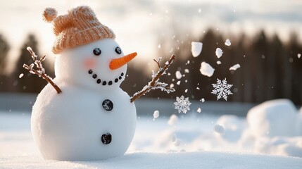 Obraz premium Charming Snowman in Snowy Landscape with Joyful Expression and Winter Accessories, Capturing the Essence of a Magical Winter Wonderland for Celebrations