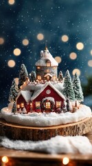 Fototapeta premium A charming miniature house sits in a winter landscape, surrounded by snow-covered trees and twinkling lights, evoking a festive spirit