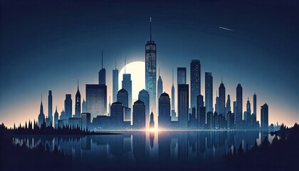 Fototapeta premium Serene cityscape at dawn with futuristic skyscrapers reflecting in the calm water, under a clear night sky with stars and a shooting star, evoking a sense of peace and urban tranquility.
