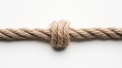 Fototapeta premium Close-up of a thick natural fiber rope tied in a knot against a plain white background, illustrating strength and security.